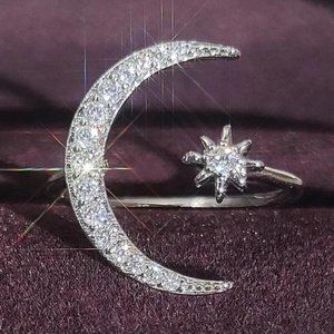 NEW MOON STAR 925 STERLING SILVER DIAMOND ADJUSTABLE RING, CUTE RING, SHINY RING